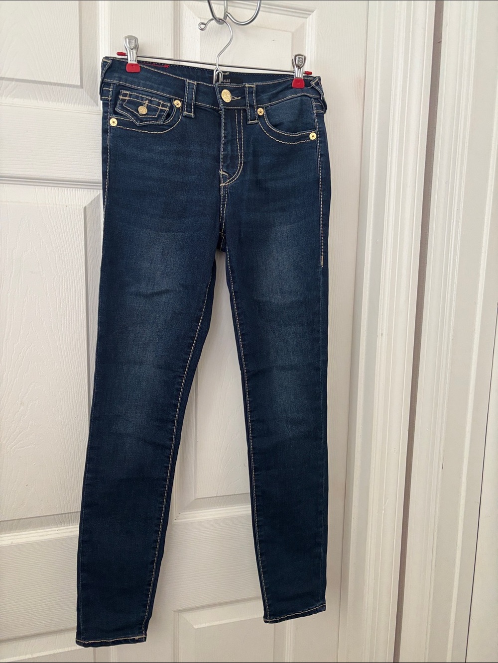 True Religion Women's Dark Indigo Skinny Jeans with Gold Accents